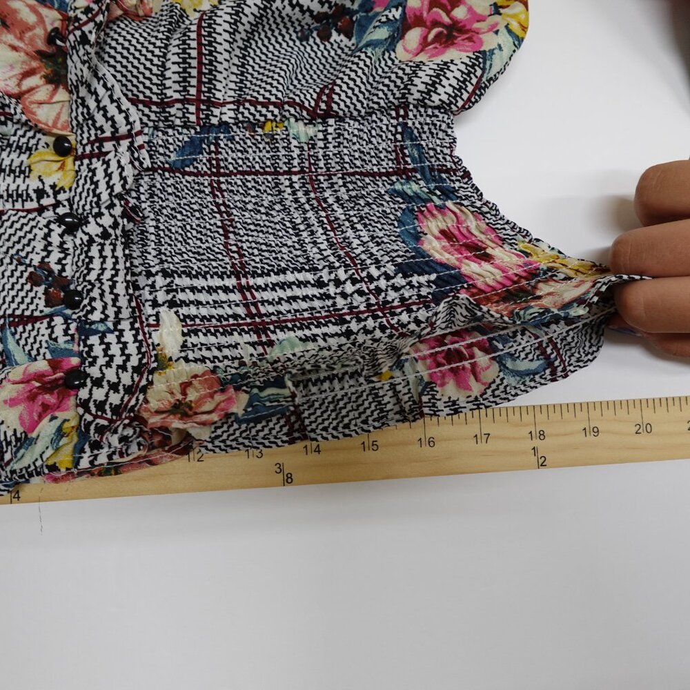 Haute Monde Floral Ruffle Trim Black White Houndstooth Printed Top Size Large - Picture 5 of 9